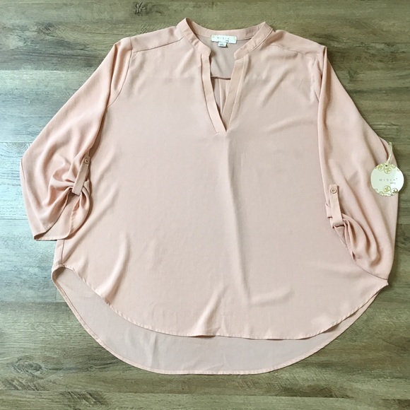 🌻💥NWT Misia Curvy Size 2X Blouse V-Neck Long 3/4 Rolled Sleeves Orange Peach - Picture 5 of 9